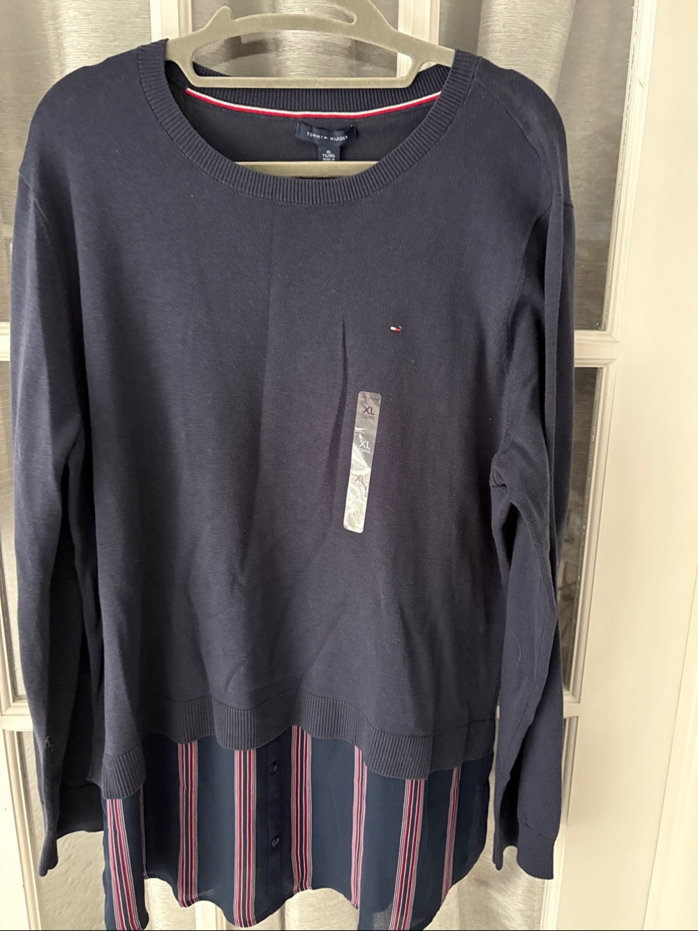 Tommy Hilfiger Navy Layered Knit Top with Striped Hem Detail